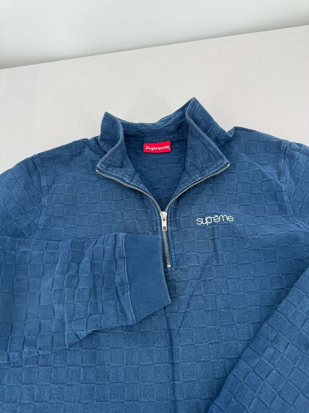 Supreme Herringbone Check Half Zip Pullover Size Large Navy Blue